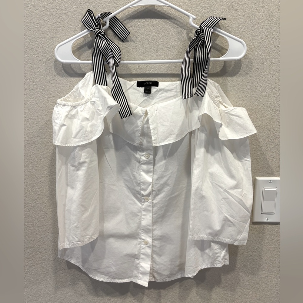J CREW Off-Shoulder Blouse with Black Stripe Tie-Straps - White - XS